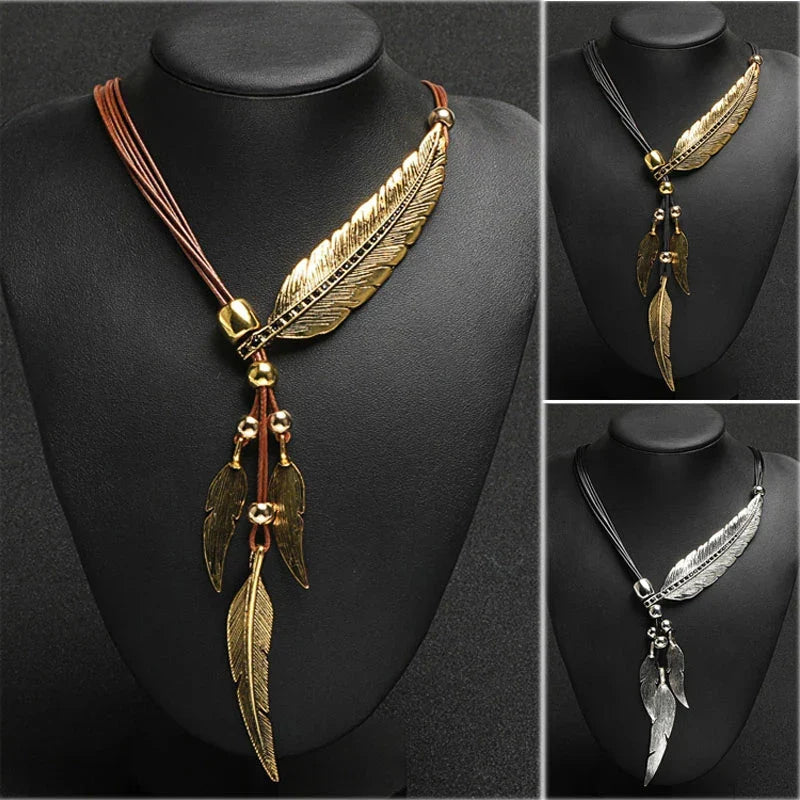 Gold Feather Necklace | Boho Style Jewellery-GOLD-BROWN-State of Style
