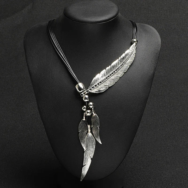 Gold Feather Necklace | Boho Style Jewellery-SILVER BLACK-State of Style