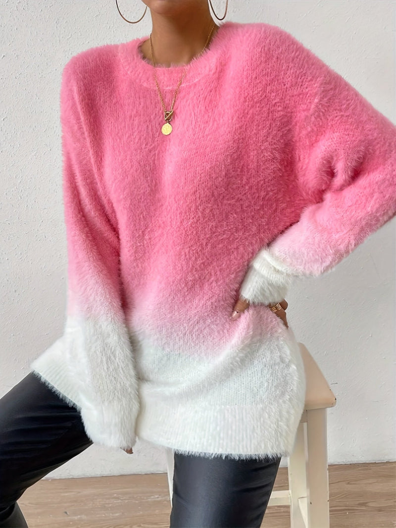 Graduated Color Crew Neck Fuzzy Sweater - Amara-S-State of Style