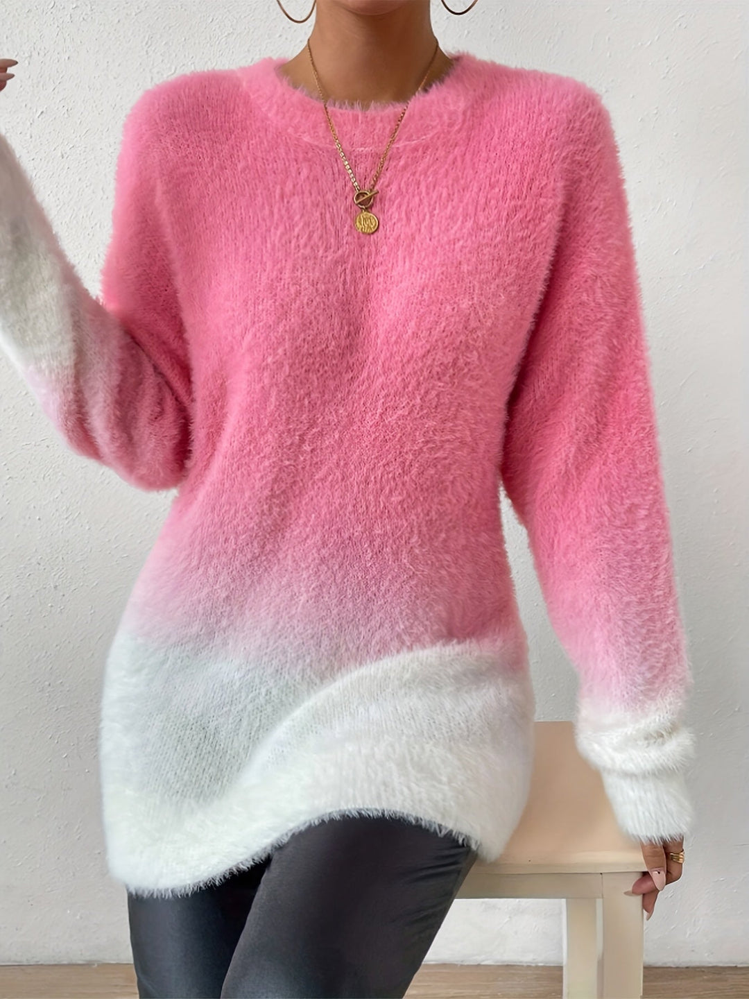 Graduated Color Crew Neck Fuzzy Sweater - Amara-S-State of Style