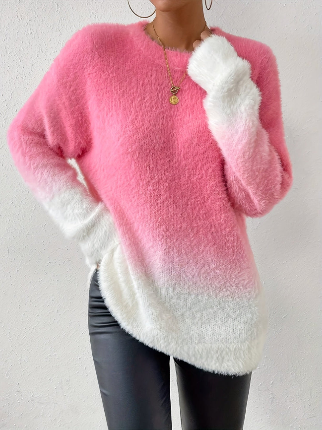 Graduated Color Crew Neck Fuzzy Sweater - Amara-S-State of Style