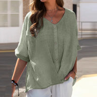 Half-Sleeve Plus-Size V-Neck Buttoned Top-Green-S-State of Style