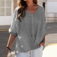 Half-Sleeve Plus-Size V-Neck Buttoned Top-Grey-S-State of Style