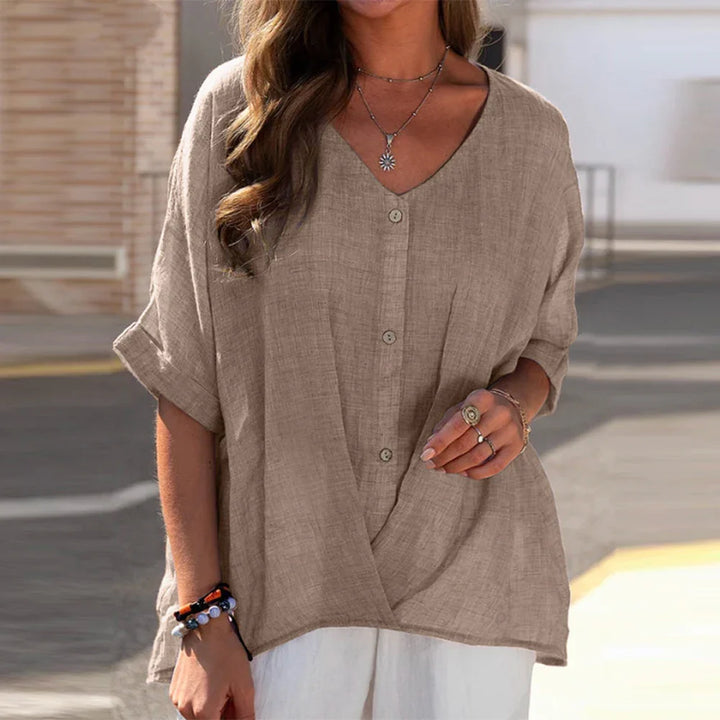 Half-Sleeve Plus-Size V-Neck Buttoned Top-Khaki-S-State of Style