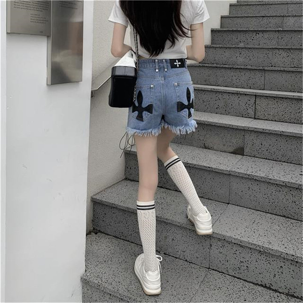 High-Waist Denim Shorts with Gothic Cross Print – Plus Size-Black-2XL-State of Style