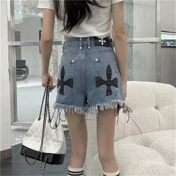 High-Waist Denim Shorts with Gothic Cross Print – Plus Size-Black-2XL-State of Style