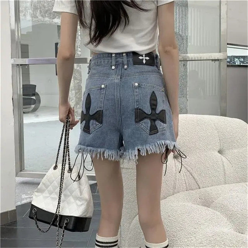 High-Waist Denim Shorts with Gothic Cross Print – Plus Size-Black-2XL-State of Style