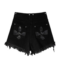 High-Waist Denim Shorts with Gothic Cross Print – Plus Size-Black-2XL-State of Style