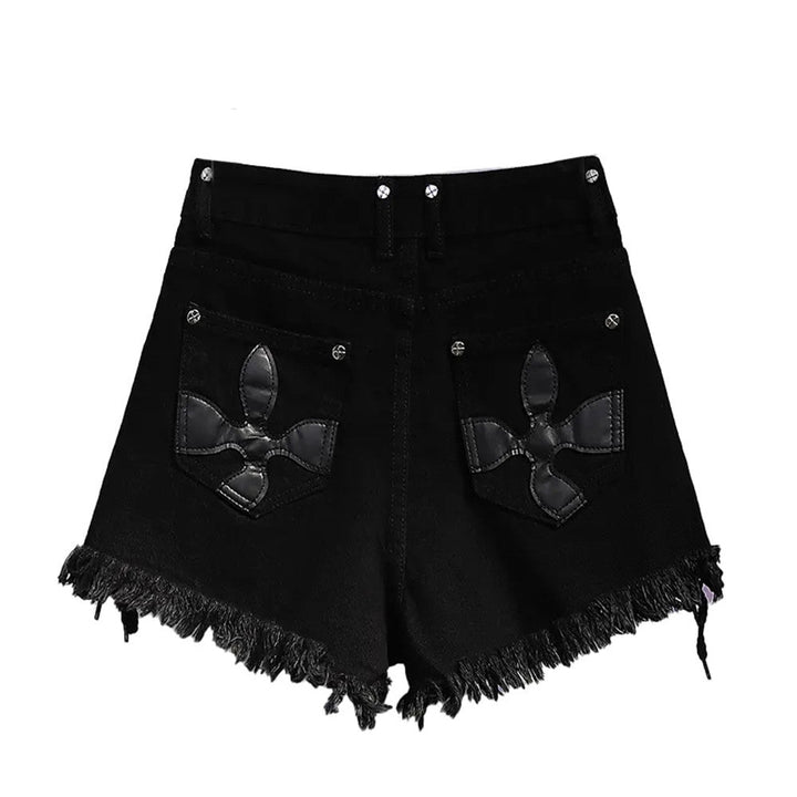 High-Waist Denim Shorts with Gothic Cross Print – Plus Size-Black-2XL-State of Style