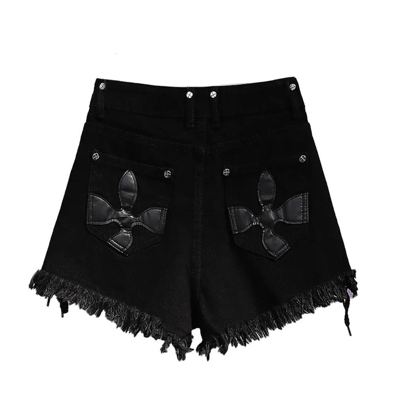 High-Waist Denim Shorts with Gothic Cross Print – Plus Size-Black-2XL-State of Style