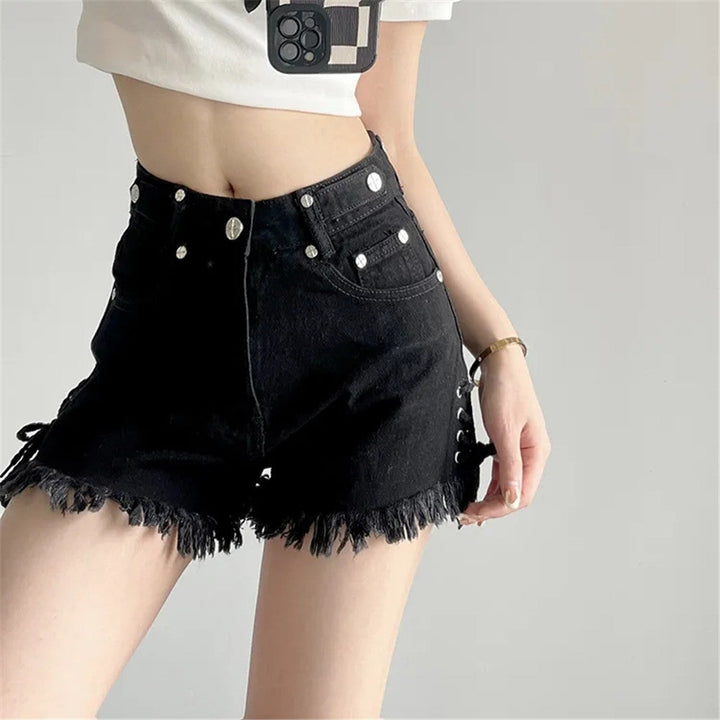 High-Waist Denim Shorts with Gothic Cross Print – Plus Size-Black-2XL-State of Style