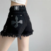High-Waist Denim Shorts with Gothic Cross Print – Plus Size-Black-2XL-State of Style