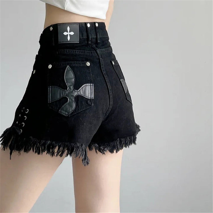 High-Waist Denim Shorts with Gothic Cross Print – Plus Size-Black-2XL-State of Style