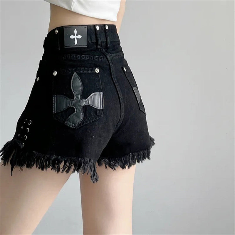 High-Waist Denim Shorts with Gothic Cross Print – Plus Size-Black-2XL-State of Style