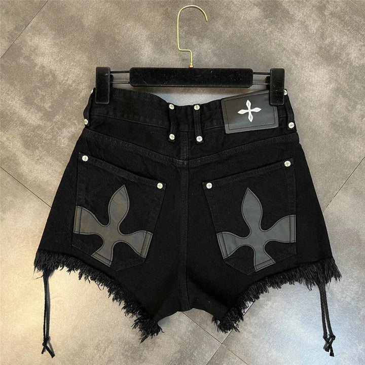 High-Waist Denim Shorts with Gothic Cross Print – Plus Size-Black-2XL-State of Style