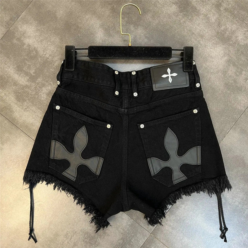 High-Waist Denim Shorts with Gothic Cross Print – Plus Size-Black-2XL-State of Style