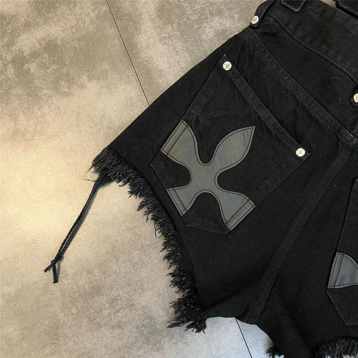High-Waist Denim Shorts with Gothic Cross Print – Plus Size-Black-2XL-State of Style