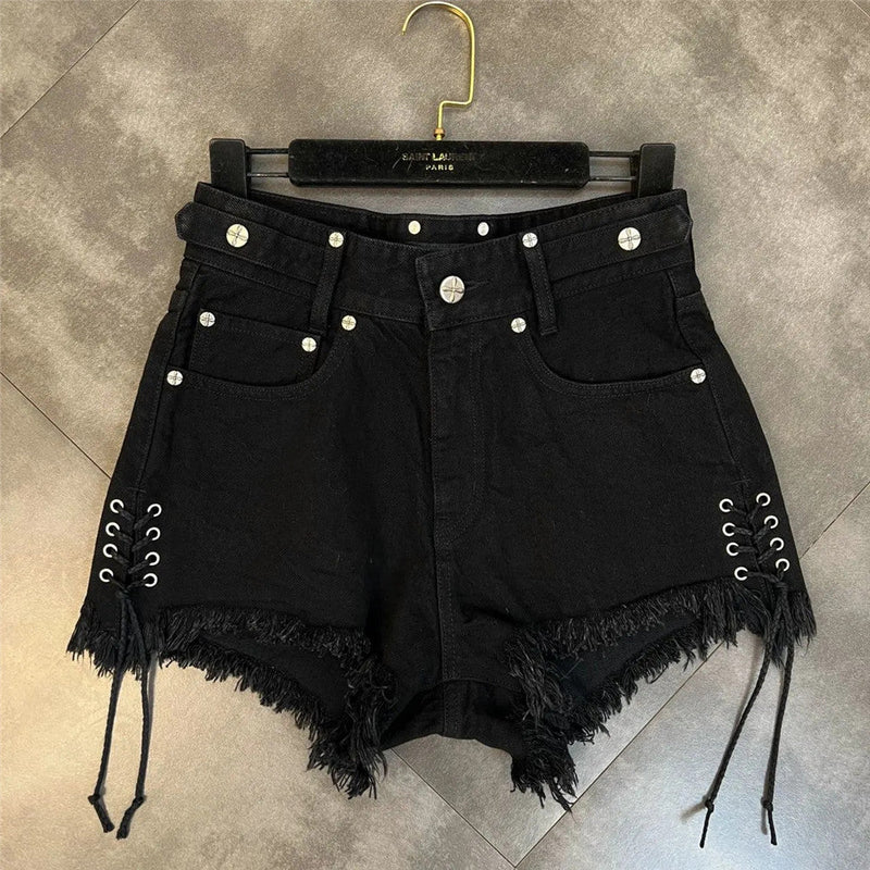 High-Waist Denim Shorts with Gothic Cross Print – Plus Size-Black-2XL-State of Style