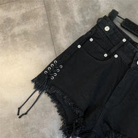 High-Waist Denim Shorts with Gothic Cross Print – Plus Size-Black-2XL-State of Style