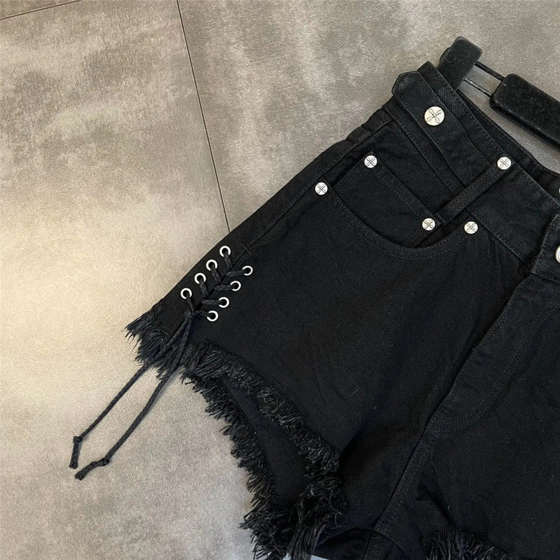 High-Waist Denim Shorts with Gothic Cross Print – Plus Size-Black-2XL-State of Style