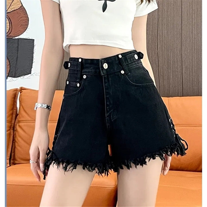 High-Waist Denim Shorts with Gothic Cross Print – Plus Size-Black-2XL-State of Style