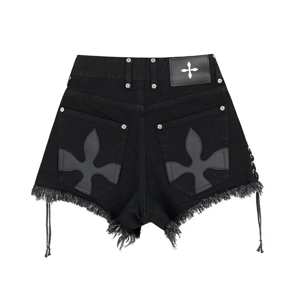High-Waist Denim Shorts with Gothic Cross Print – Plus Size-Black-2XL-State of Style
