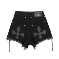 High-Waist Denim Shorts with Gothic Cross Print – Plus Size-Black-2XL-State of Style
