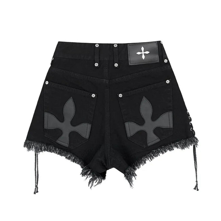 High-Waist Denim Shorts with Gothic Cross Print – Plus Size-Black-2XL-State of Style