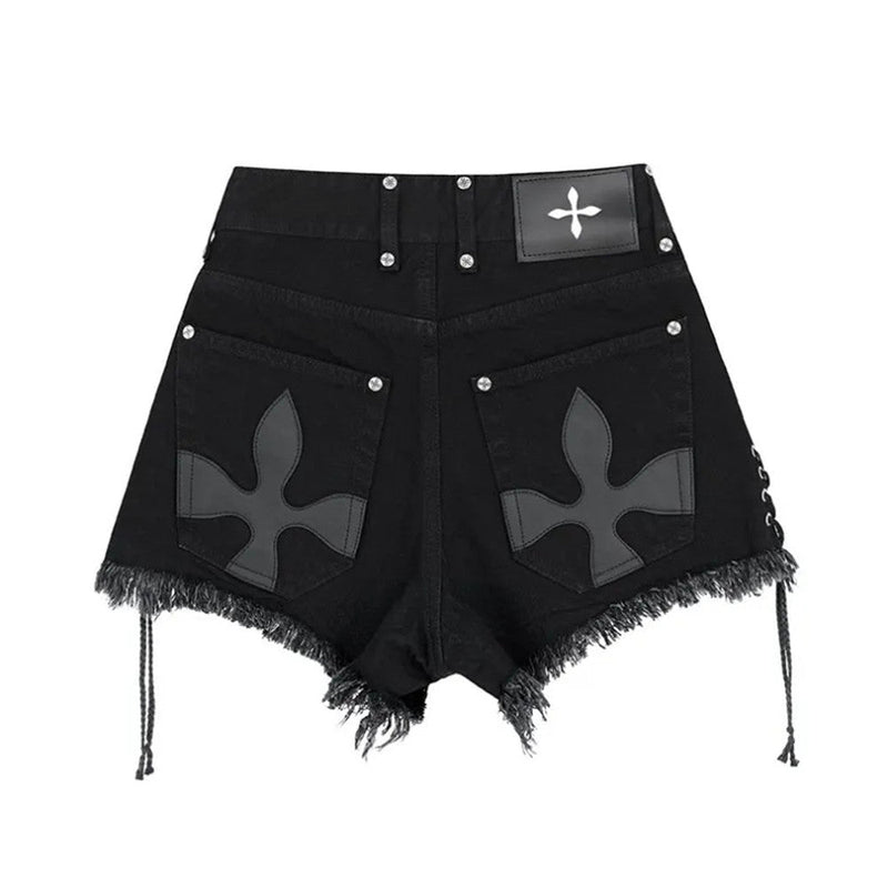 High-Waist Denim Shorts with Gothic Cross Print – Plus Size-Black-2XL-State of Style