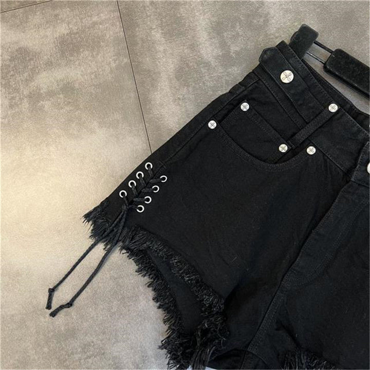 High-Waist Denim Shorts with Gothic Cross Print – Plus Size-Black-2XL-State of Style