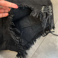 High-Waist Denim Shorts with Gothic Cross Print – Plus Size-Black-2XL-State of Style