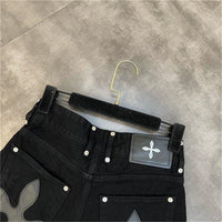 High-Waist Denim Shorts with Gothic Cross Print – Plus Size-Black-2XL-State of Style