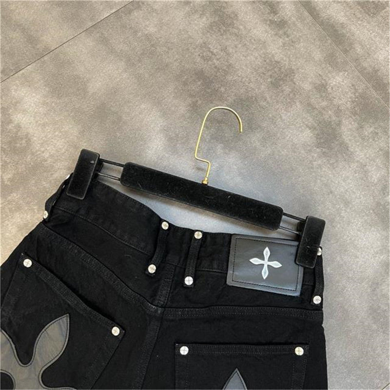 High-Waist Denim Shorts with Gothic Cross Print – Plus Size-Black-2XL-State of Style