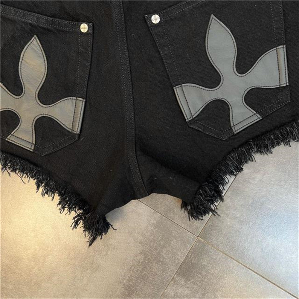 High-Waist Denim Shorts with Gothic Cross Print – Plus Size-Black-2XL-State of Style