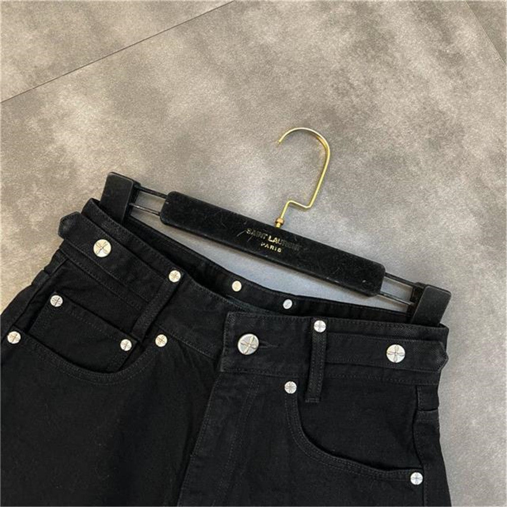 High-Waist Denim Shorts with Gothic Cross Print – Plus Size-Black-2XL-State of Style
