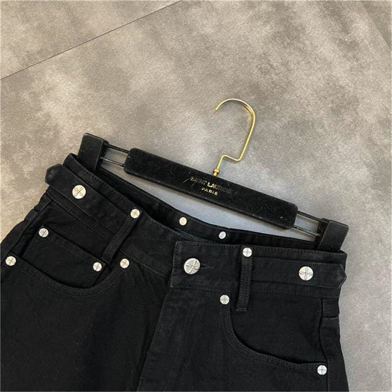 High-Waist Denim Shorts with Gothic Cross Print – Plus Size-Black-2XL-State of Style