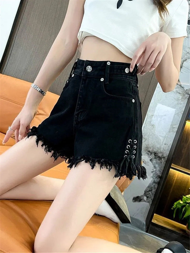 High-Waist Denim Shorts with Gothic Cross Print – Plus Size-Black-2XL-State of Style