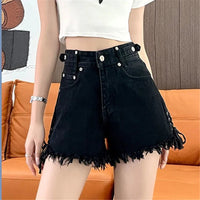 High-Waist Denim Shorts with Gothic Cross Print – Plus Size-Black-2XL-State of Style
