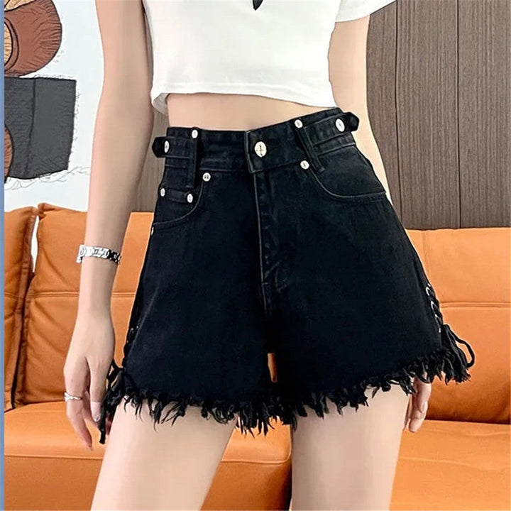High-Waist Denim Shorts with Gothic Cross Print – Plus Size-Black-2XL-State of Style