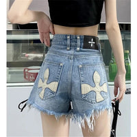 High-Waist Denim Shorts with Gothic Cross Print – Plus Size-Black-2XL-State of Style