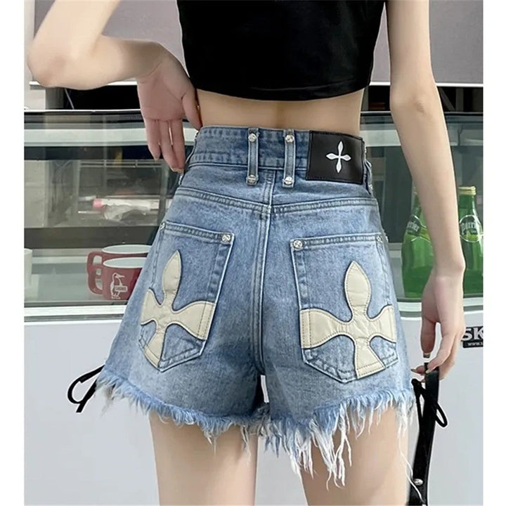 High-Waist Denim Shorts with Gothic Cross Print – Plus Size-Black-2XL-State of Style