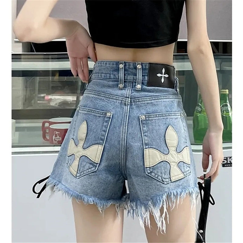High-Waist Denim Shorts with Gothic Cross Print – Plus Size-Black-2XL-State of Style