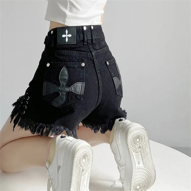 High-Waist Denim Shorts with Gothic Cross Print – Plus Size-Black-2XL-State of Style