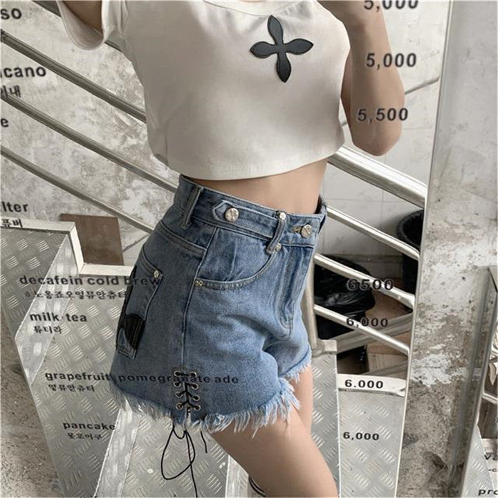 High-Waist Denim Shorts with Gothic Cross Print – Plus Size-Blue-2XL-State of Style