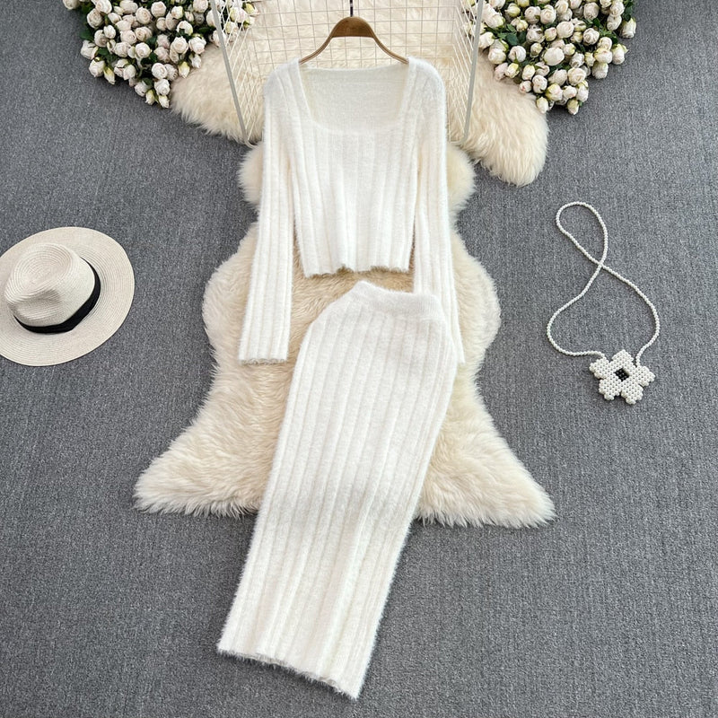High Waist Skirt And Square Neck Sweater Set | Chic Two-Piece Outfit-Off-white-One size fits all-State of Style