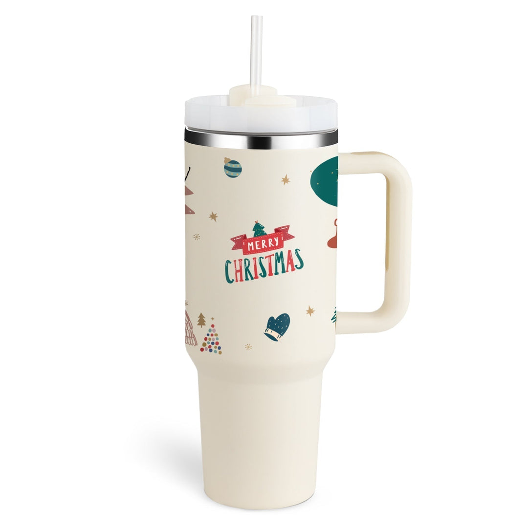 Insulated Mug with Handle and Straw - ChillMate-Christmas Beige-1200 ML-State of Style