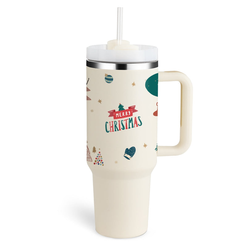 Insulated Mug with Handle and Straw - ChillMate-Christmas Beige-1200 ML-State of Style