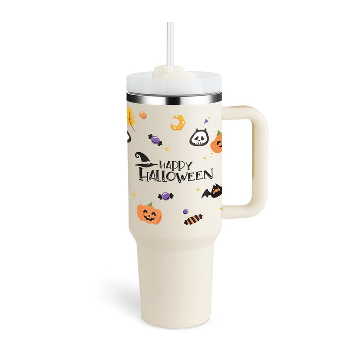 Insulated Mug with Handle and Straw - ChillMate-Halloween Cream white-1200 ML-State of Style