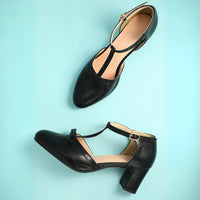 Keira Black Leather Shoes with Block Heels-3.5-State of Style