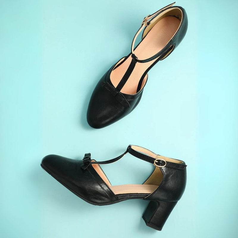 Keira Black Leather Shoes with Block Heels-3.5-State of Style